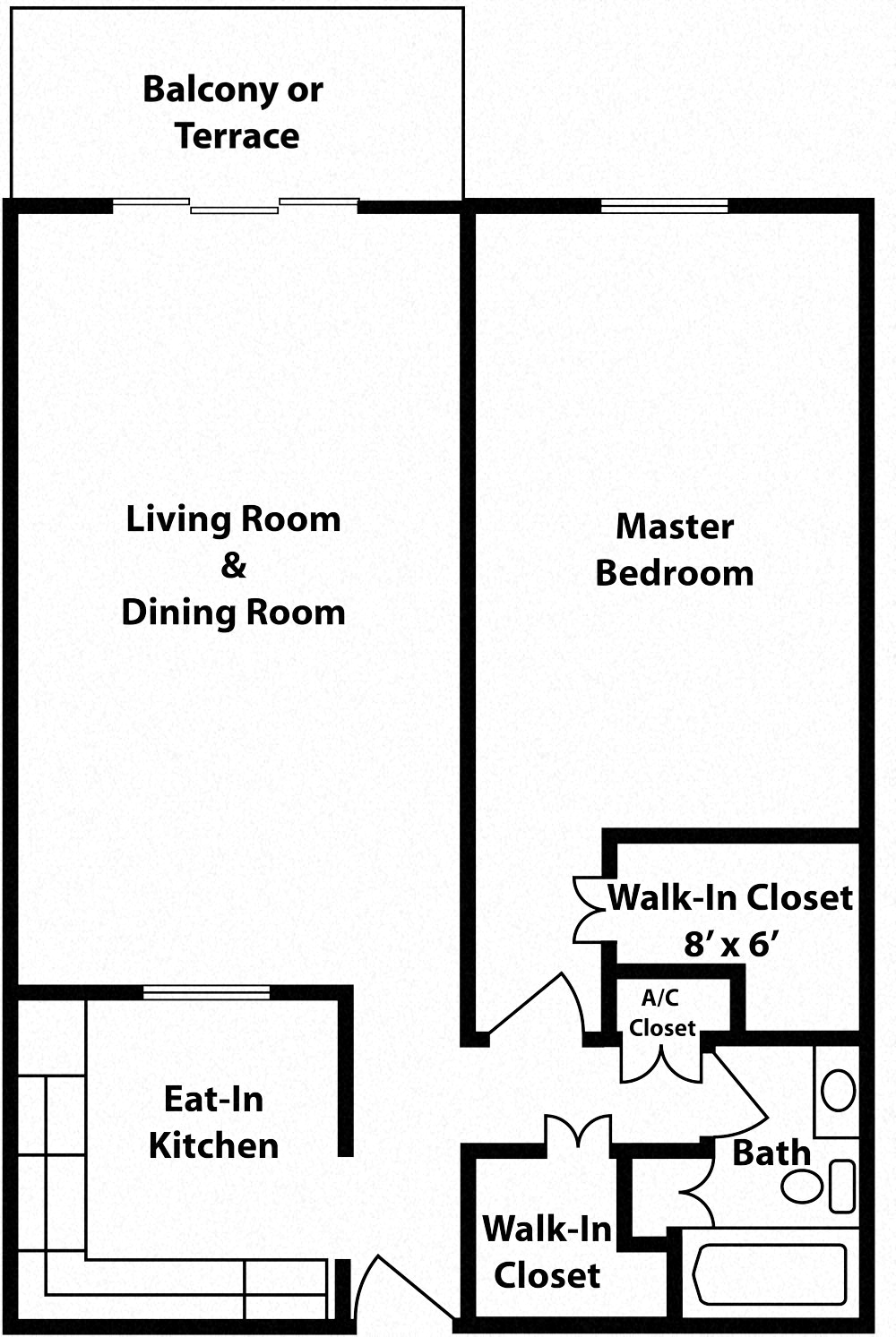 Floor plan for 1 bed, 1 bath, 916 sqft